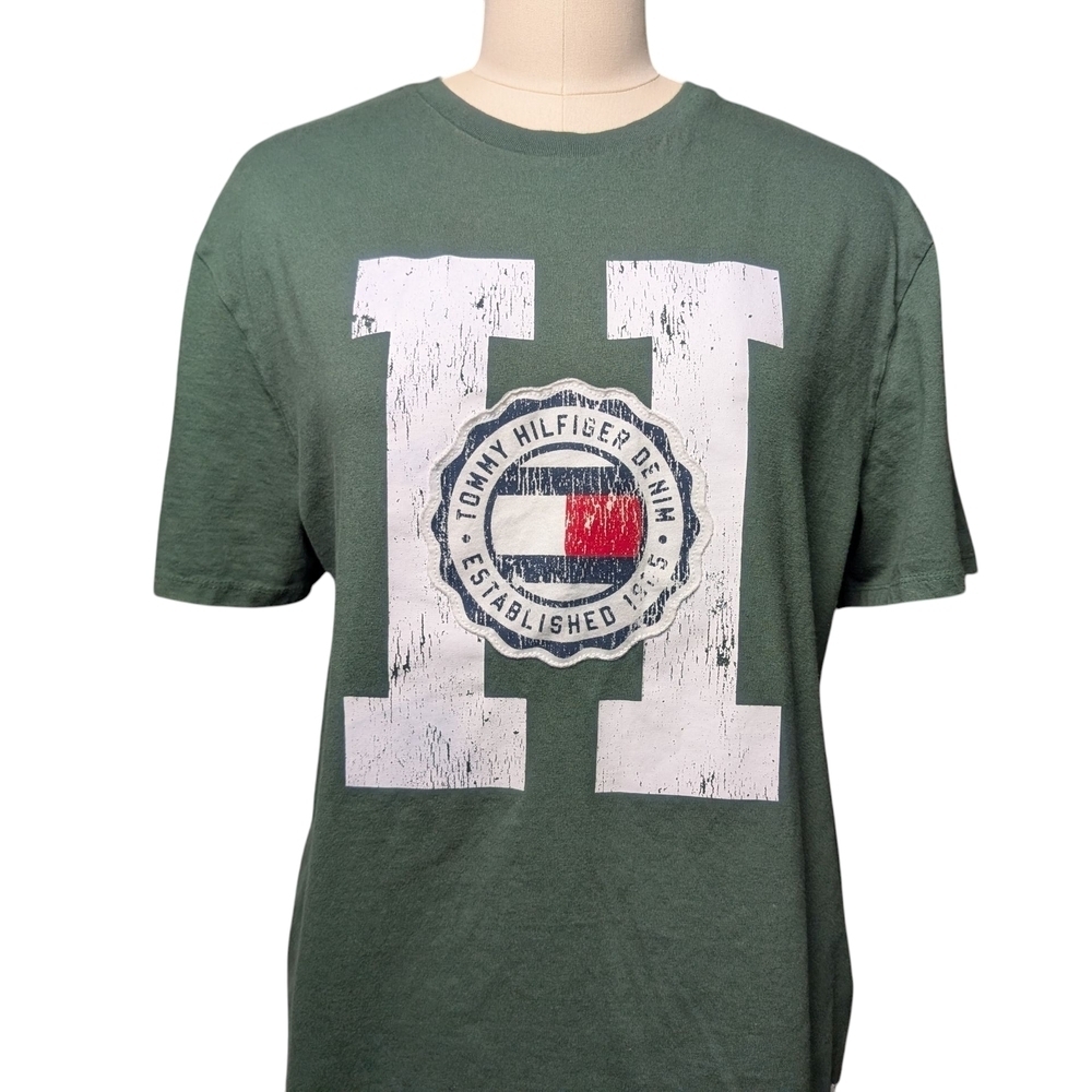 Tommy Hilfiger Retro Olive Green Logo Short Sleeve Tee Men's Large 90s 00s EUC - Picture 3 of 11